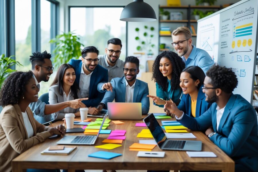 Grupo diverso de pessoas colaborando em uma reunião em um escritório moderno, com laptops e anotações sobre a mesa.