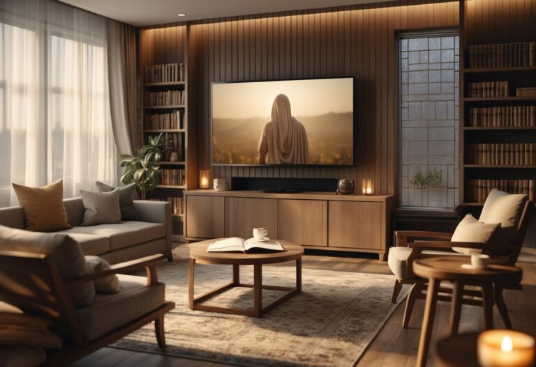 Sala de estar moderna e aconchegante com televisão ligada mostrando uma cena histórica, móveis confortáveis e decoração com livros e mesa de centro.
