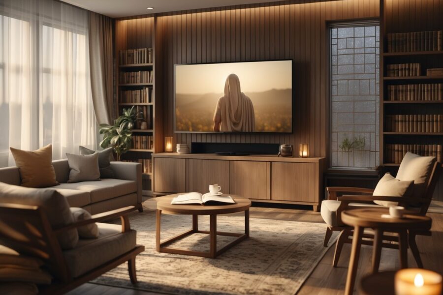 Sala de estar moderna e aconchegante com televisão ligada mostrando uma cena histórica, móveis confortáveis e decoração com livros e mesa de centro.