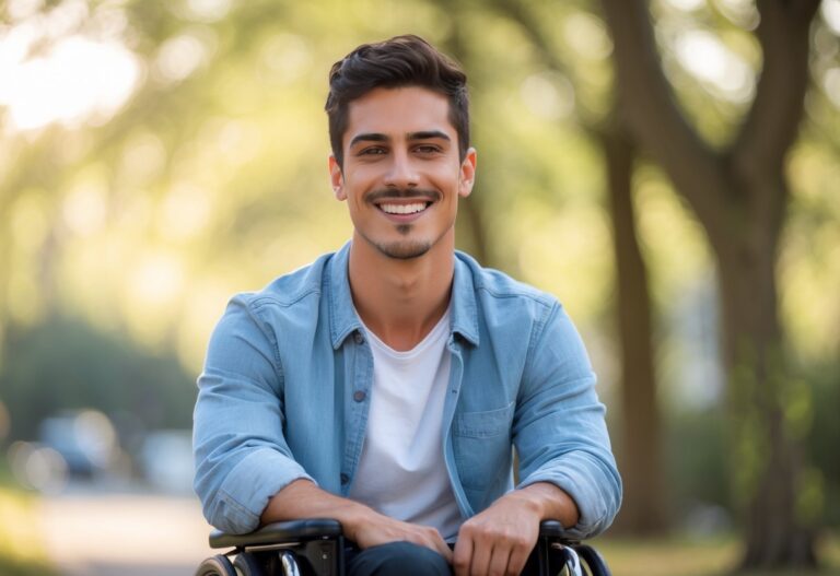 Jovem homem sorridente em ambiente ao ar livre com luz natural, transmitindo confiança e positividade.