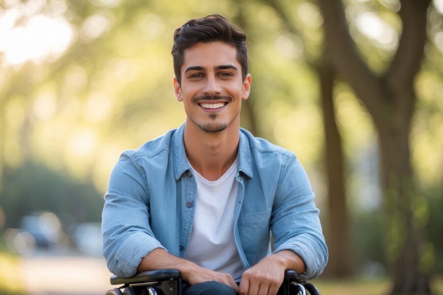 Jovem homem sorridente em ambiente ao ar livre com luz natural, transmitindo confiança e positividade.