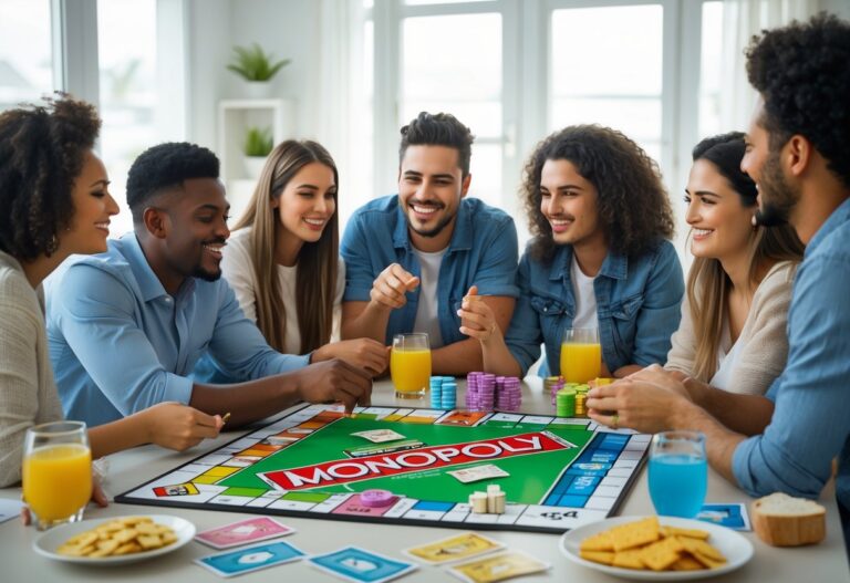 Pessoas jogando Banco Imobiliário em uma sala iluminada, sorrindo e se divertindo ao redor de uma mesa.