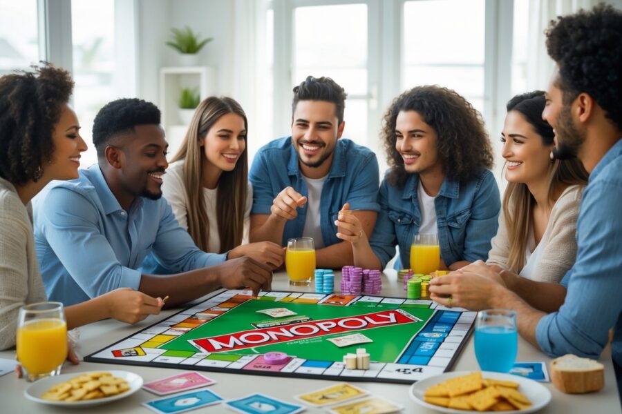 Pessoas jogando Banco Imobiliário em uma sala iluminada, sorrindo e se divertindo ao redor de uma mesa.