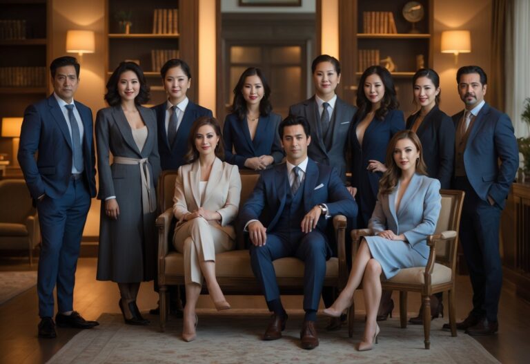 Um grupo diversificado de atores e atrizes posando juntos em um ambiente interno elegante, transmitindo uma atmosfera de mistério e drama.