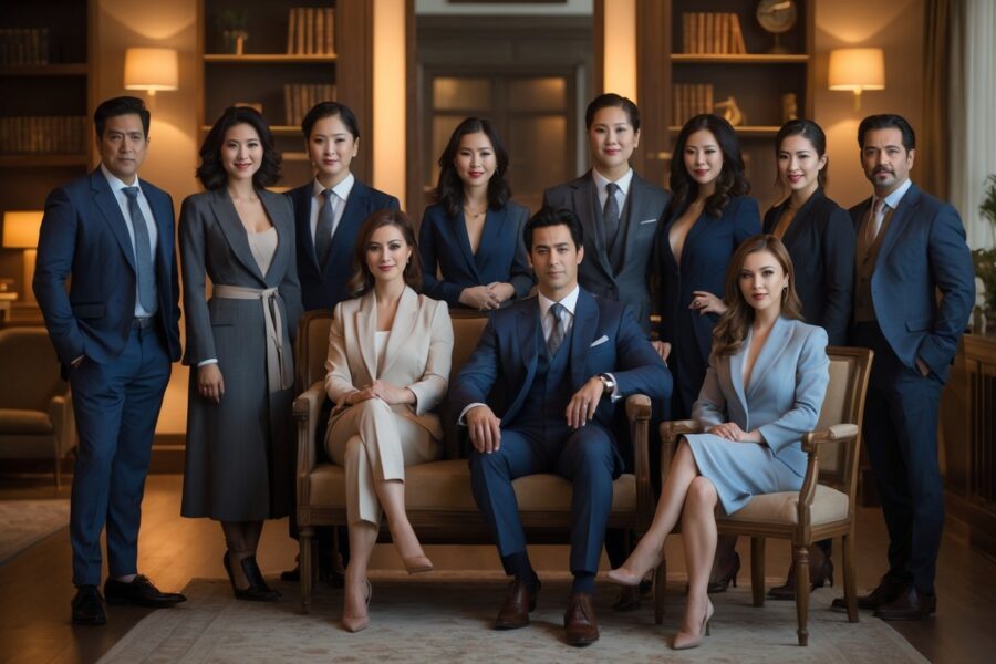 Um grupo diversificado de atores e atrizes posando juntos em um ambiente interno elegante, transmitindo uma atmosfera de mistério e drama.
