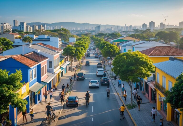 Vista panorâmica da Vila Áurea em São Paulo com casas, árvores, pessoas caminhando e comércio local em um dia ensolarado.