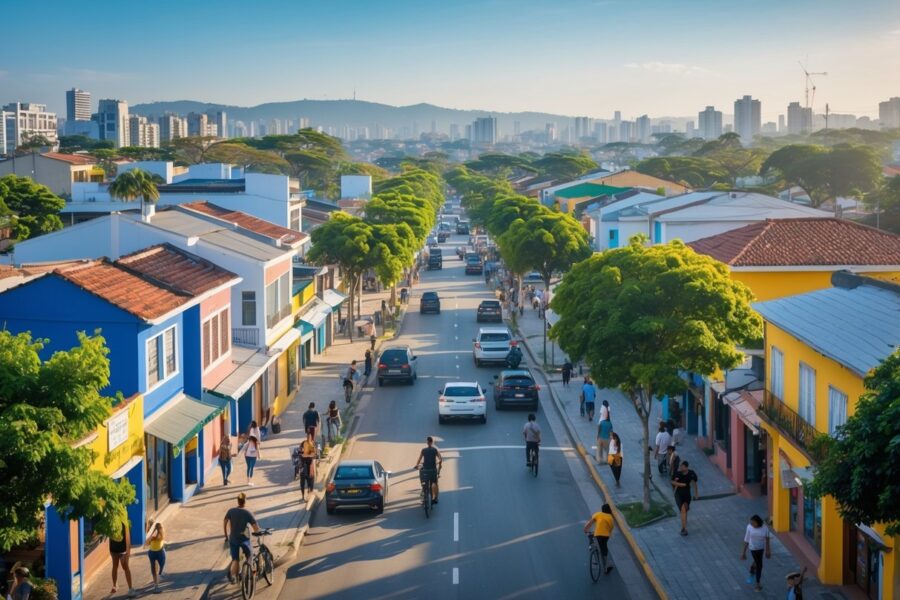 Vista panorâmica da Vila Áurea em São Paulo com casas, árvores, pessoas caminhando e comércio local em um dia ensolarado.