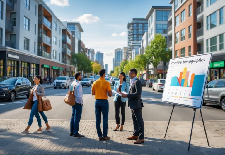 Pessoas em uma área urbana movimentada discutindo planejamento próximo a um mapa de densidade populacional.