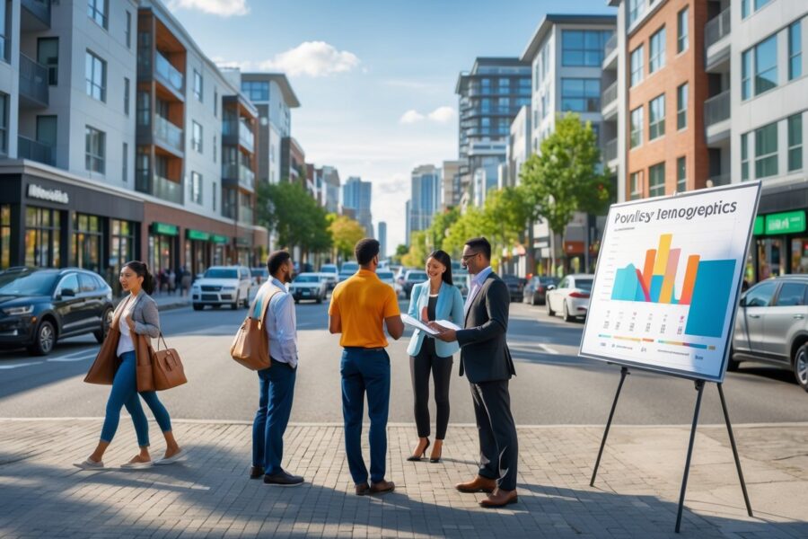 Pessoas em uma área urbana movimentada discutindo planejamento próximo a um mapa de densidade populacional.