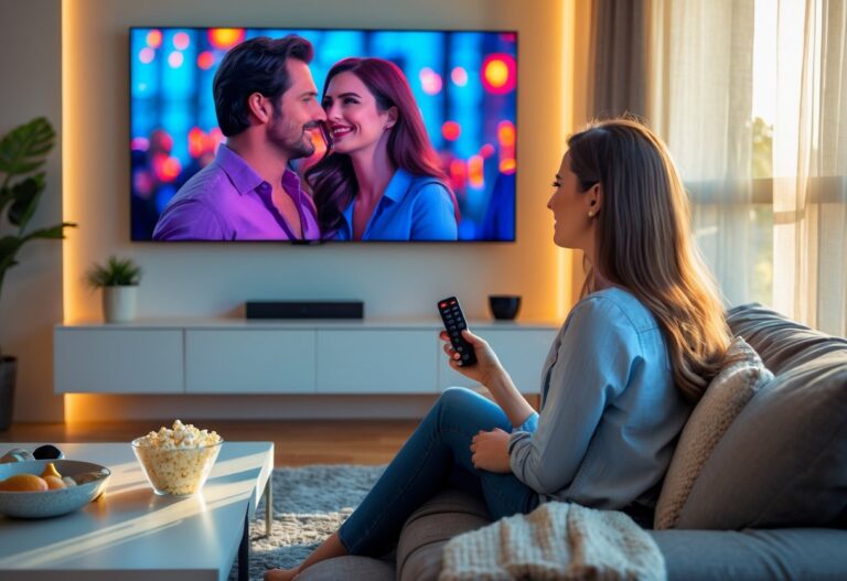 Mulher sentada em um sofá assistindo televisão em uma sala de estar moderna e aconchegante.
