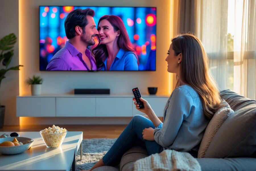 Mulher sentada em um sofá assistindo televisão em uma sala de estar moderna e aconchegante.