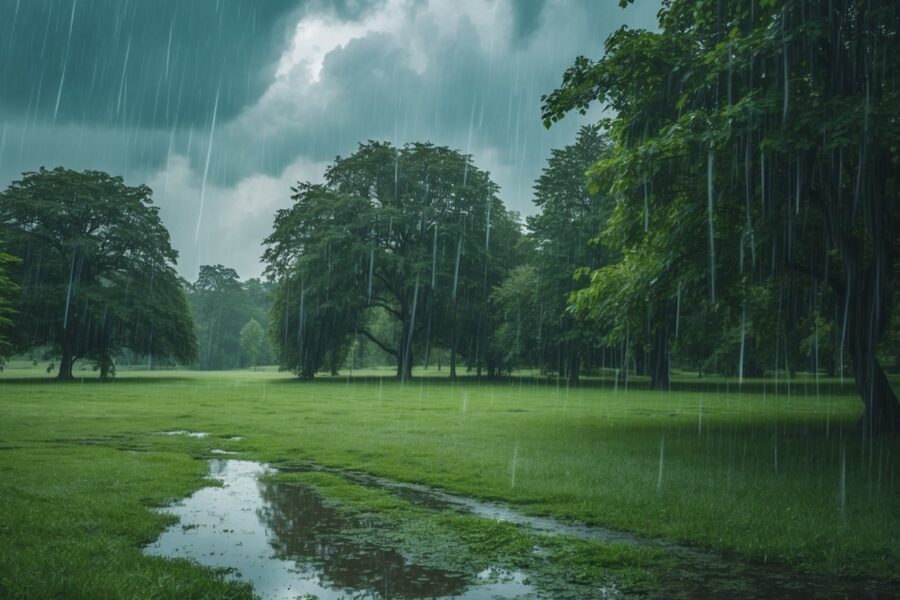 Paisagem verde com árvores e grama molhadas por chuvas esparsas, céu nublado com gotas de chuva caindo.