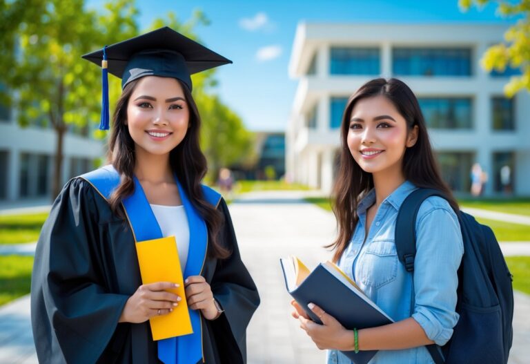 Duas jovens em um campus universitário, uma vestindo beca e segurando diploma, a outra com roupas casuais e mochila, simbolizando a diferença entre graduada e graduanda.