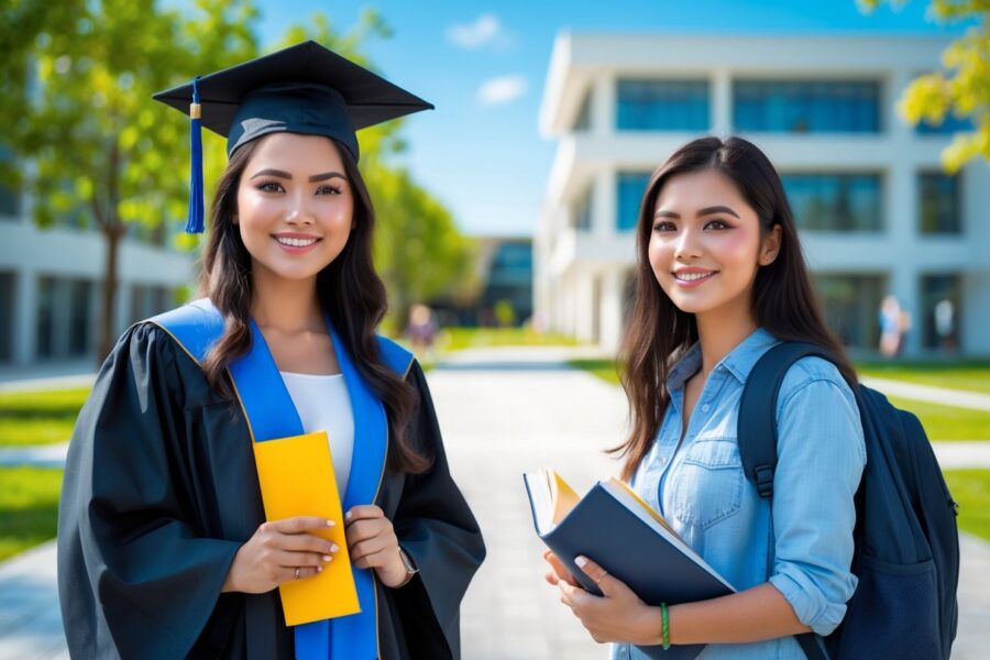 Duas jovens em um campus universitário, uma vestindo beca e segurando diploma, a outra com roupas casuais e mochila, simbolizando a diferença entre graduada e graduanda.