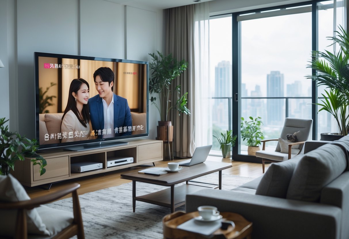 Sala de estar moderna com televisão grande mostrando cena pausada de dorama asiático, sofá confortável, mesa de centro com laptop e xícara de chá.