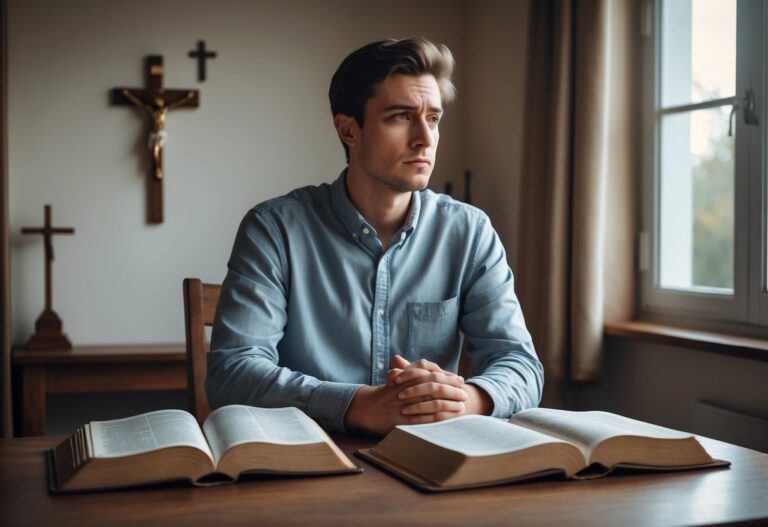 Homem jovem sentado à mesa, olhando pensativo para dois livros religiosos abertos, em um ambiente acolhedor com símbolos religiosos ao fundo.