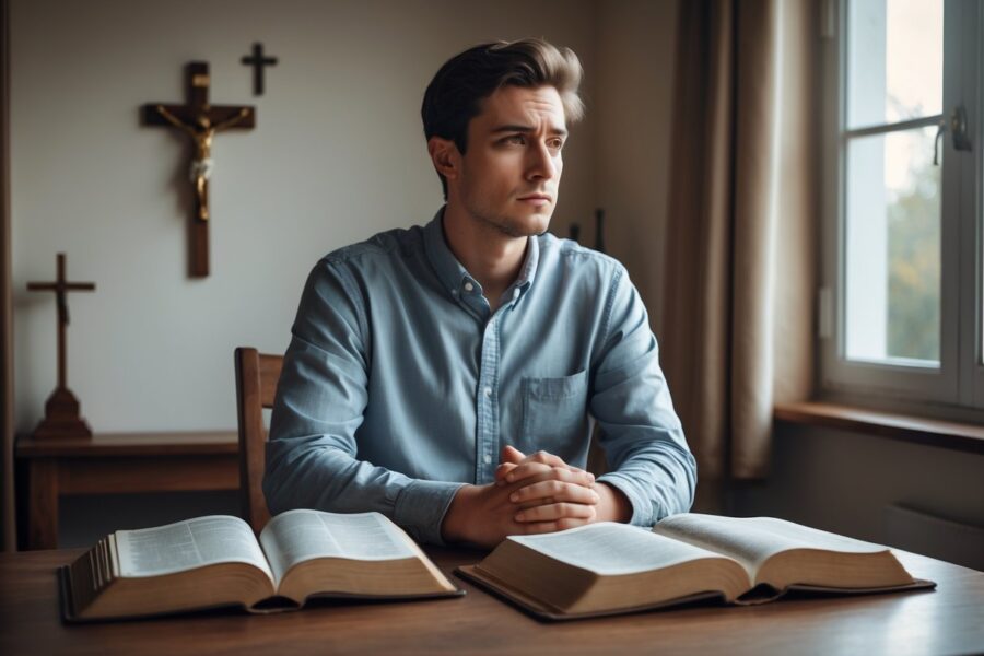 Homem jovem sentado à mesa, olhando pensativo para dois livros religiosos abertos, em um ambiente acolhedor com símbolos religiosos ao fundo.