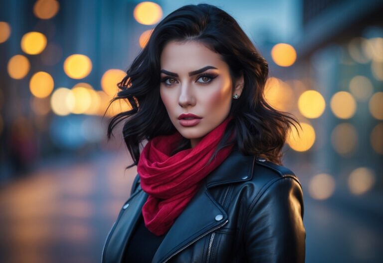 Mulher jovem com jaqueta preta e lenço vermelho em ambiente urbano ao entardecer, com expressão determinada.