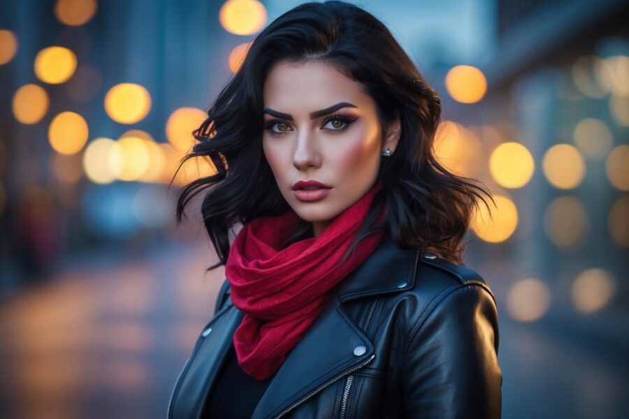 Mulher jovem com jaqueta preta e lenço vermelho em ambiente urbano ao entardecer, com expressão determinada.
