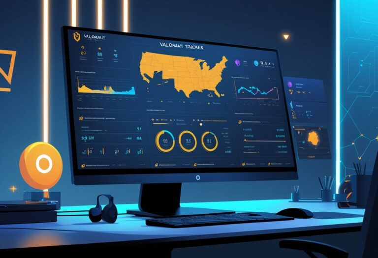 Ilustração de um monitor mostrando um painel digital com gráficos e estatísticas relacionadas ao jogo Valorant, com elementos sutis do jogo ao redor.