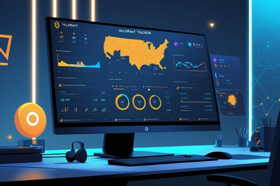 Ilustração de um monitor mostrando um painel digital com gráficos e estatísticas relacionadas ao jogo Valorant, com elementos sutis do jogo ao redor.