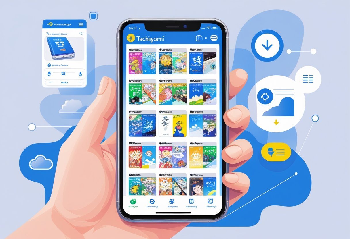 Uma mão segurando um smartphone que mostra uma biblioteca de mangás com capas coloridas, rodeado por ícones que representam funcionalidades como download, busca, categorias e sincronização.