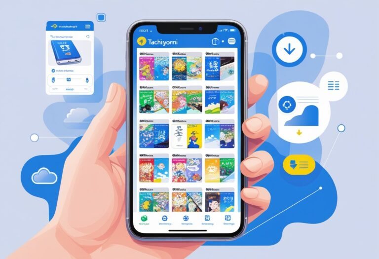 Uma mão segurando um smartphone que mostra uma biblioteca de mangás com capas coloridas, rodeado por ícones que representam funcionalidades como download, busca, categorias e sincronização.