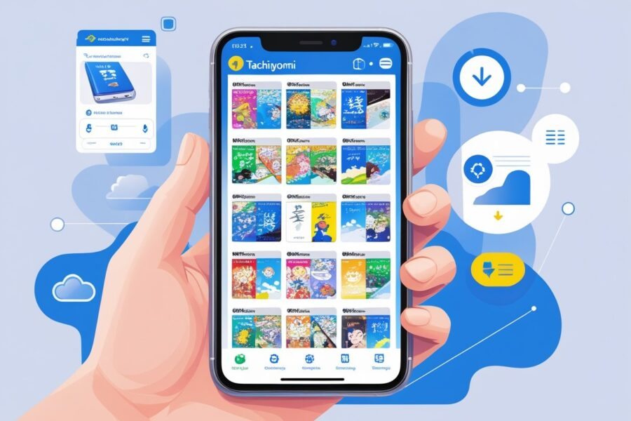 Uma mão segurando um smartphone que mostra uma biblioteca de mangás com capas coloridas, rodeado por ícones que representam funcionalidades como download, busca, categorias e sincronização.