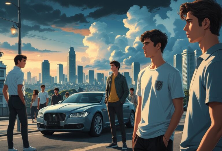 Cena com jovens em uma cidade, mostrando contraste entre riqueza e simplicidade, com um rapaz elegante perto de um carro de luxo e uma moça com roupa simples olhando para a paisagem urbana.