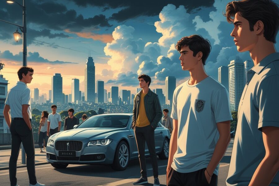 Cena com jovens em uma cidade, mostrando contraste entre riqueza e simplicidade, com um rapaz elegante perto de um carro de luxo e uma moça com roupa simples olhando para a paisagem urbana.
