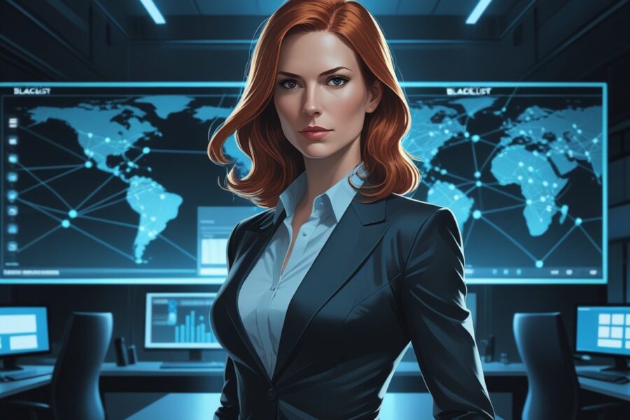 Mulher confiante em um escritório moderno e escuro, com uma tela digital ao fundo mostrando uma rede de informações complexas.