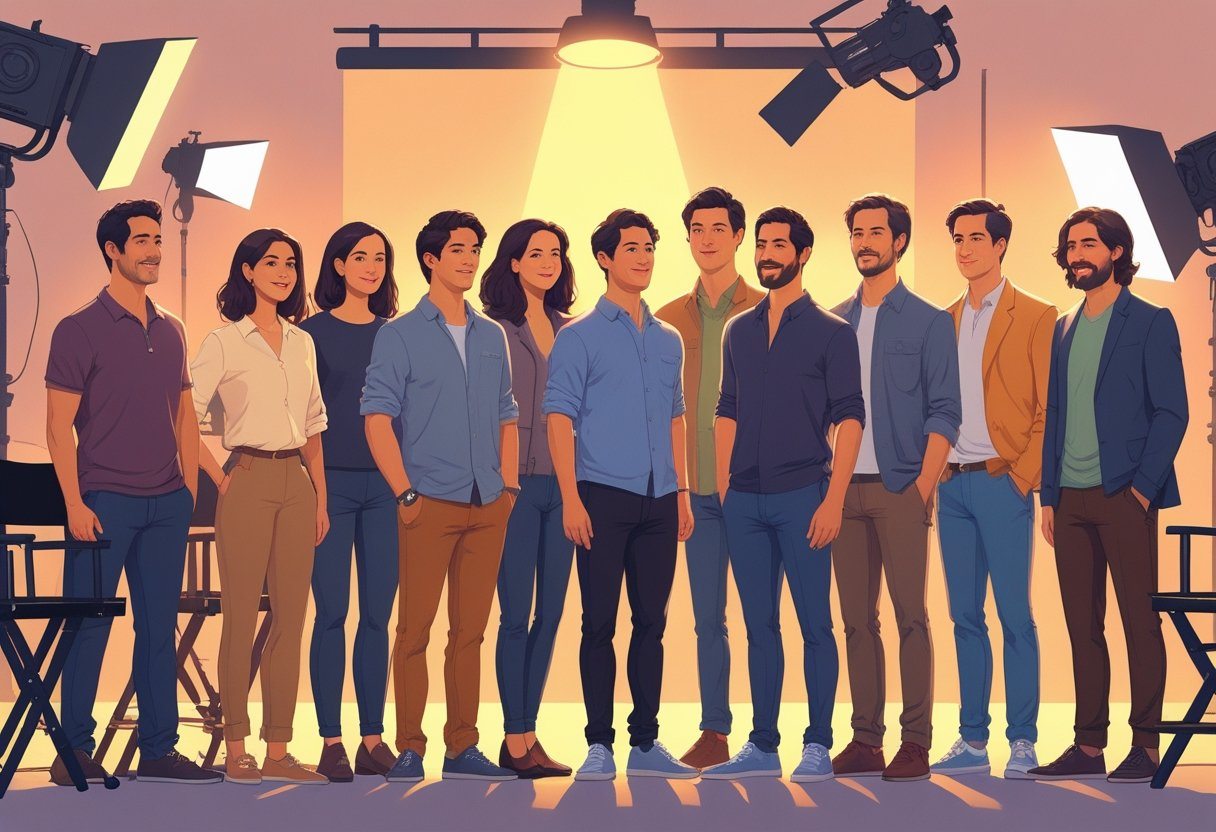 Um grupo diversificado de atores reunidos em um set de filmagem, prontos para atuar no filme Nosso Destino.