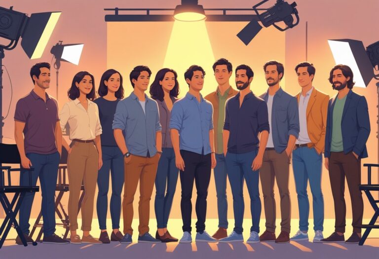 Um grupo diversificado de atores reunidos em um set de filmagem, prontos para atuar no filme Nosso Destino.