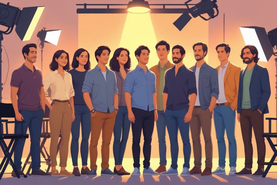 Um grupo diversificado de atores reunidos em um set de filmagem, prontos para atuar no filme Nosso Destino.