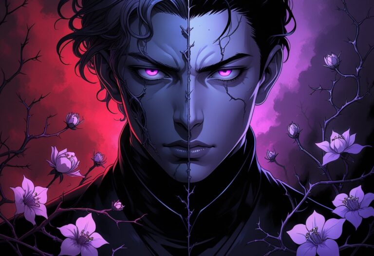 Um personagem dividido entre luz e sombra, cercado por flores com espinhos, transmitindo conflito emocional e dualidade.