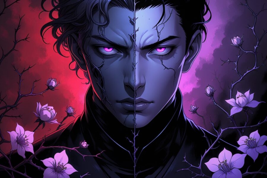 Um personagem dividido entre luz e sombra, cercado por flores com espinhos, transmitindo conflito emocional e dualidade.