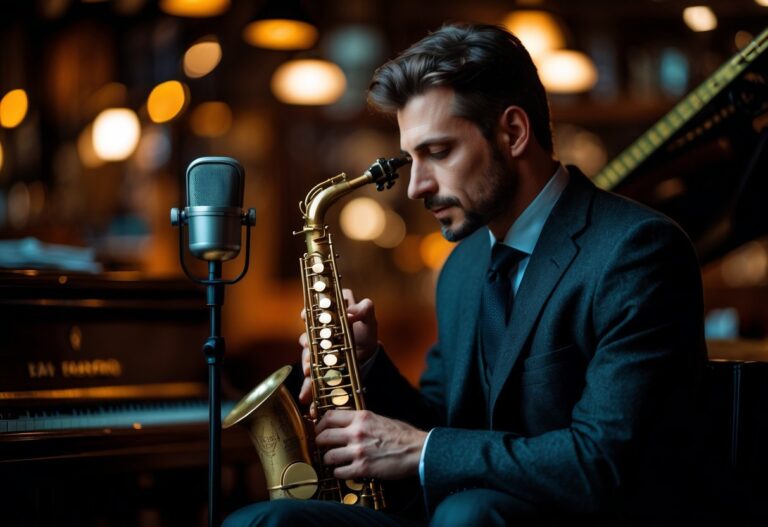 Homem sentado em um clube de jazz segurando um saxofone, com luzes quentes ao fundo.