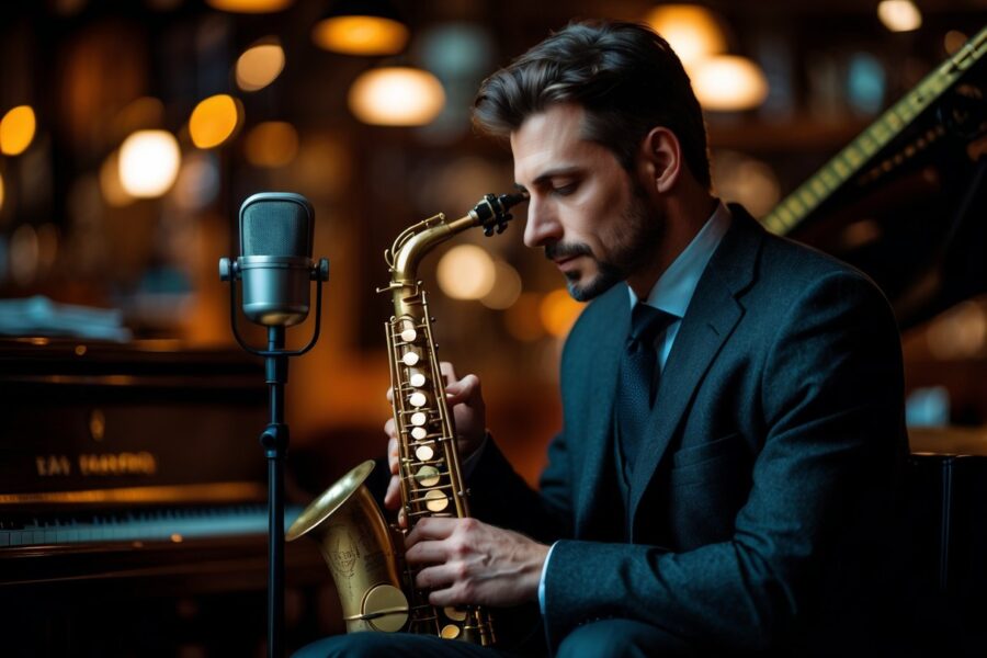 Homem sentado em um clube de jazz segurando um saxofone, com luzes quentes ao fundo.