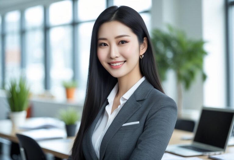 Mulher jovem asiática em um escritório moderno, sorrindo e vestindo roupa profissional.