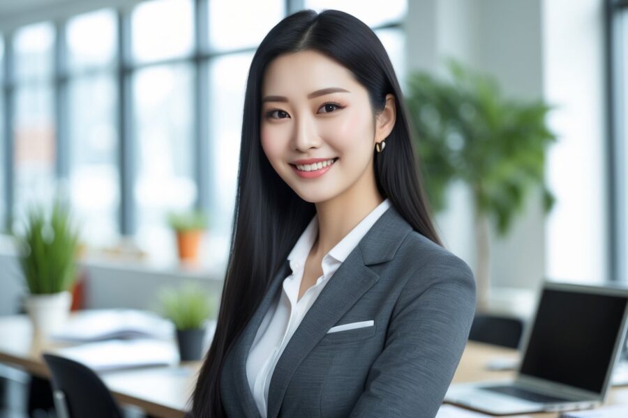 Mulher jovem asiática em um escritório moderno, sorrindo e vestindo roupa profissional.