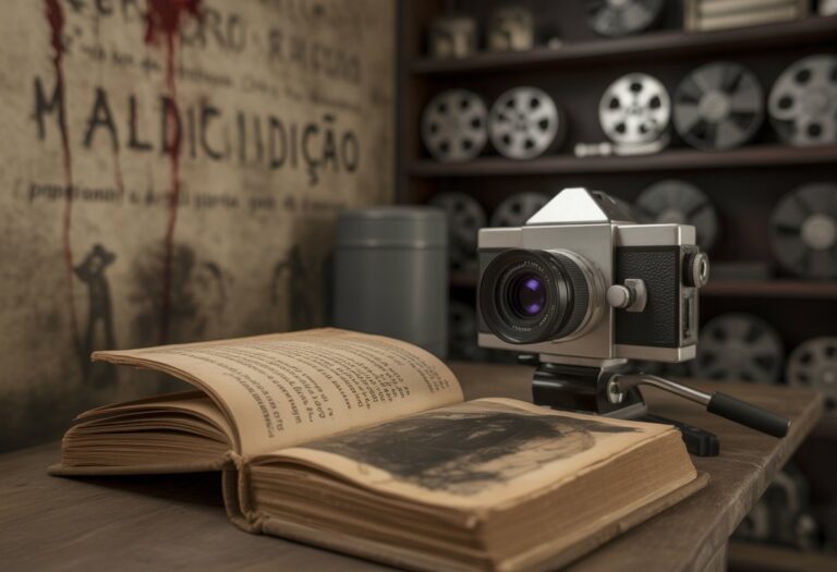 Câmera de filme antiga focada em um livro aberto com símbolos misteriosos em uma sala escura e sombria.