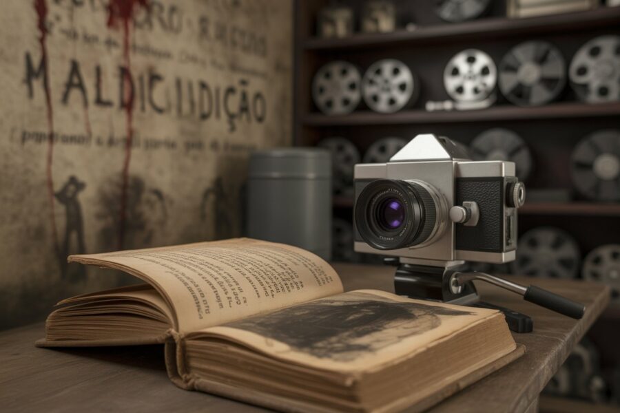Câmera de filme antiga focada em um livro aberto com símbolos misteriosos em uma sala escura e sombria.