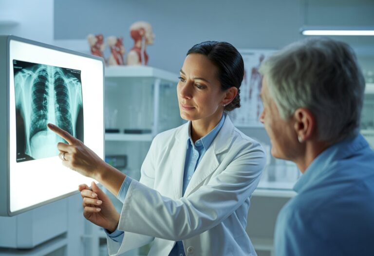 Uma médica explica atentamente um exame para um paciente em um consultório moderno.
