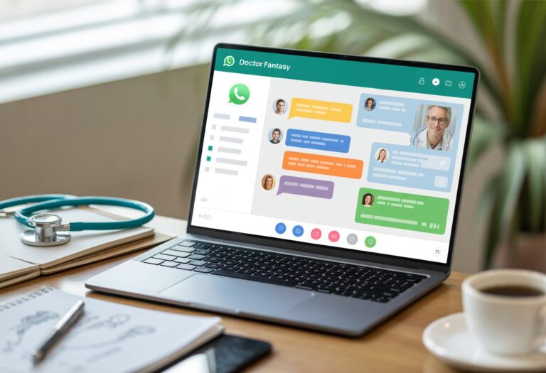 Um laptop aberto em uma mesa com uma interface de chat colorida na tela, cercado por itens médicos como um estetoscópio e um caderno, em um ambiente iluminado e profissional.