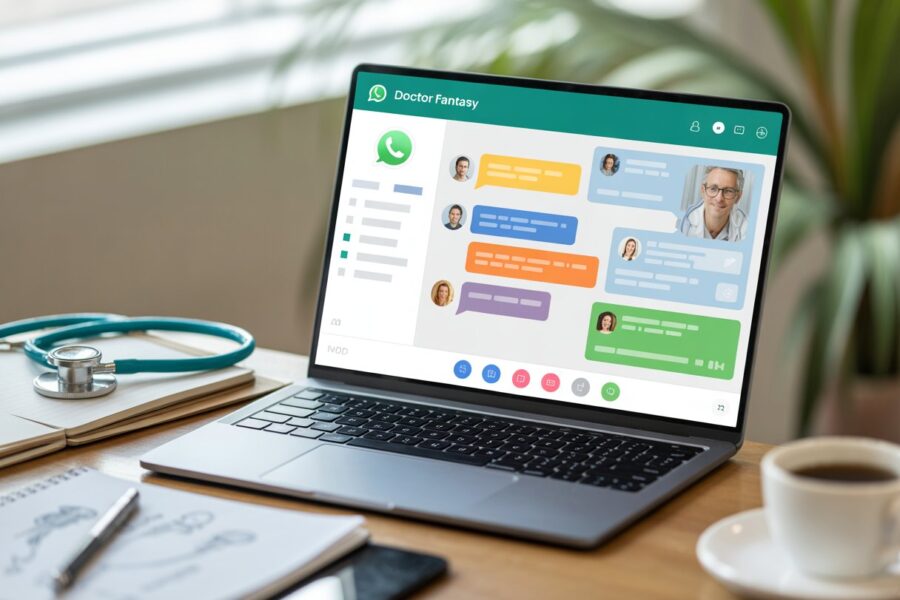 Um laptop aberto em uma mesa com uma interface de chat colorida na tela, cercado por itens médicos como um estetoscópio e um caderno, em um ambiente iluminado e profissional.