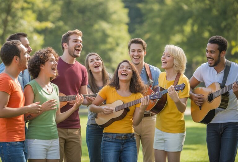 Grupo diverso de pessoas cantando e tocando instrumentos musicais em um parque ensolarado.
