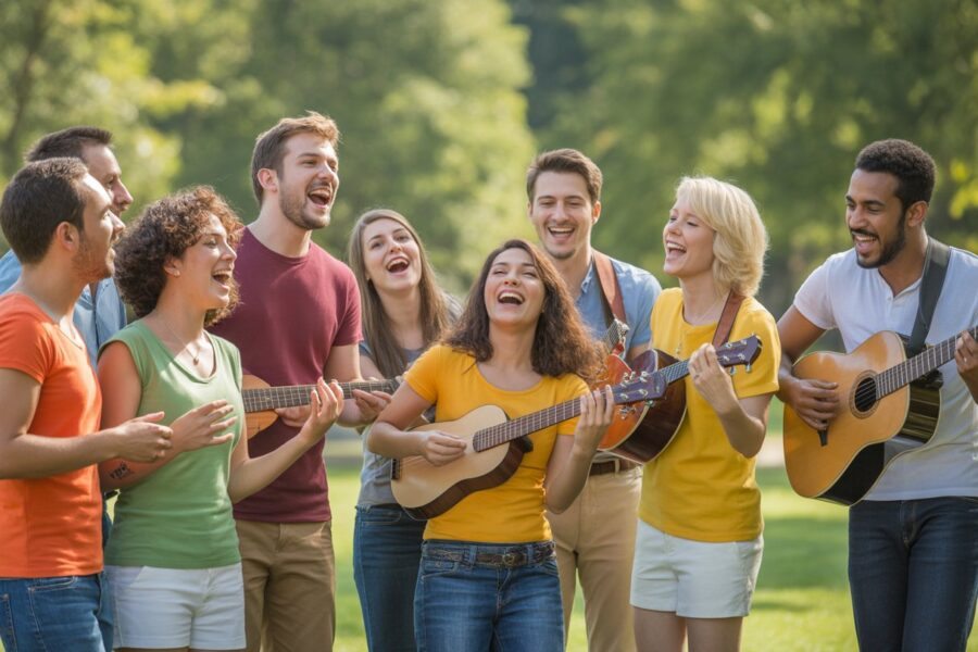 Grupo diverso de pessoas cantando e tocando instrumentos musicais em um parque ensolarado.