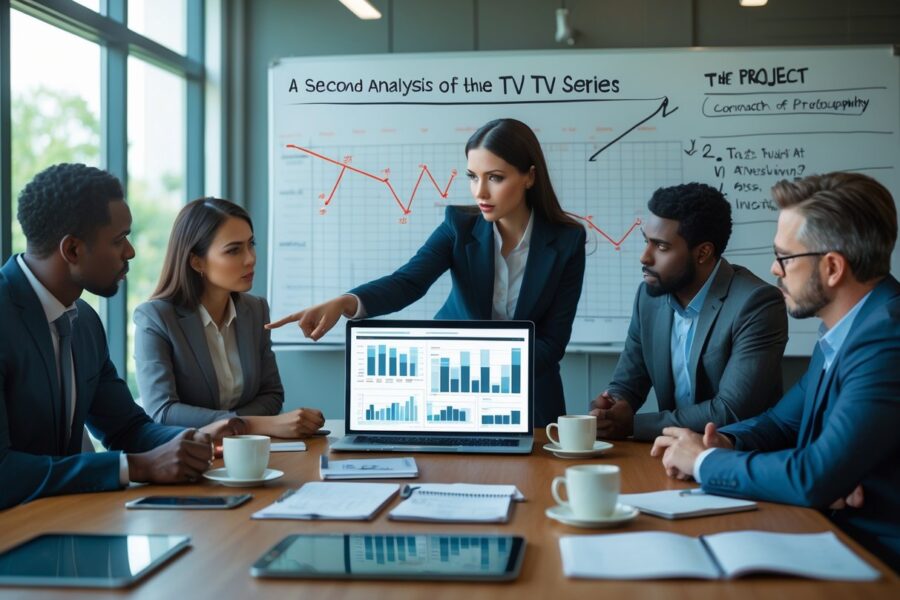 Quatro profissionais discutindo dados em uma mesa de reunião em um escritório moderno.