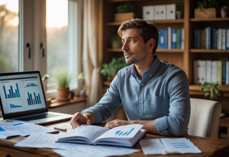 Homem pensativo sentado em uma mesa com papéis e notebook, em um escritório doméstico acolhedor.