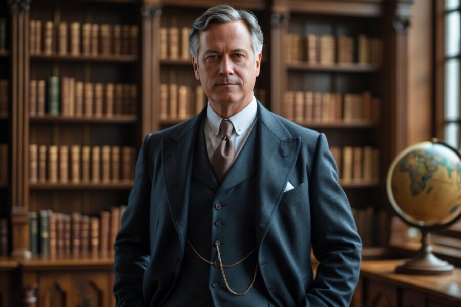 Homem de meia-idade vestido com roupa formal antiga, em pé em uma biblioteca clássica com estantes de livros e móveis antigos.